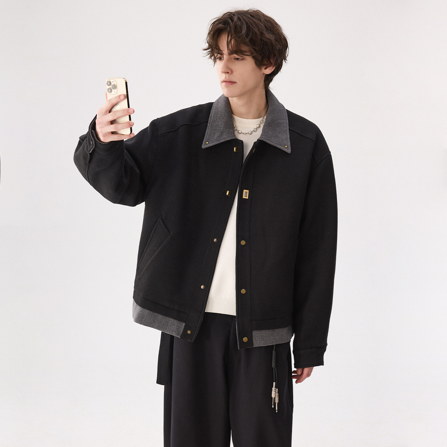 モード系 【ウール混×金具ボタン】上品さが際立つショート丈モードジャケット（ブラック／ブラウン）