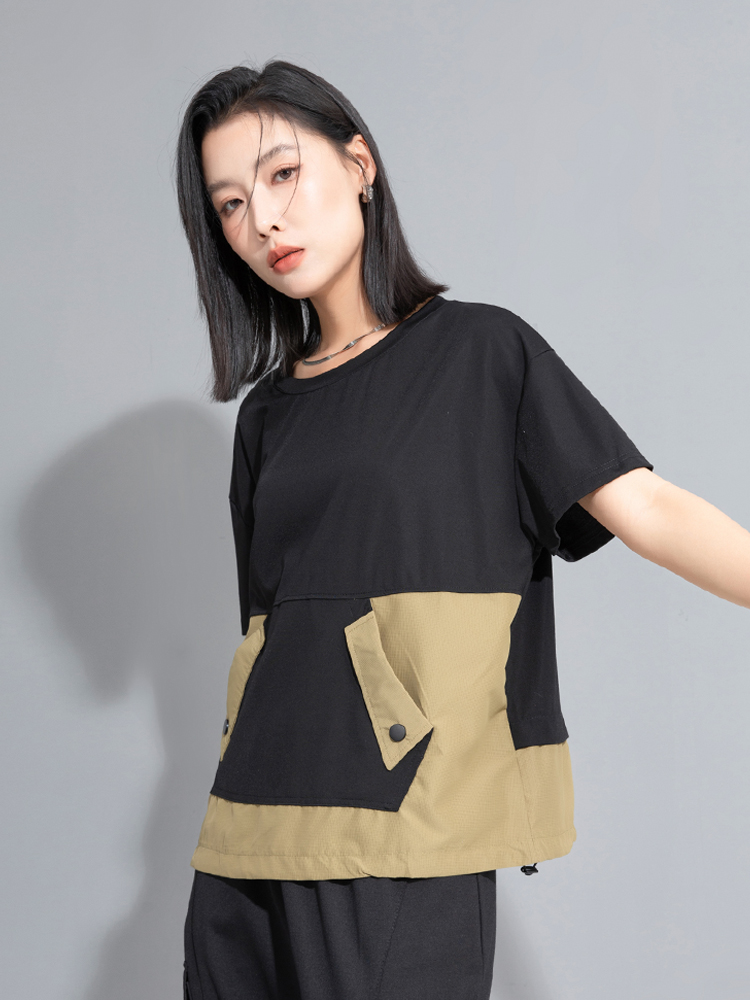 モード系 ワークポケットデザインで魅せるモードTシャツ｜スポーティ＆シティライクなセットアップ風トップス