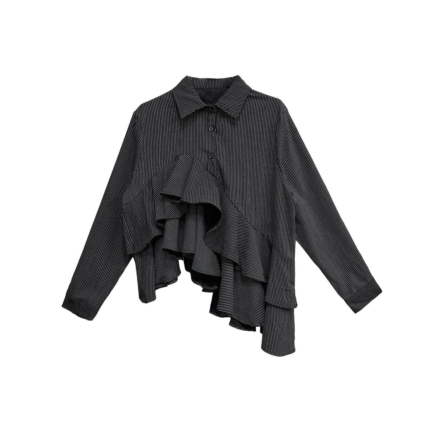 モード系 【フリーサイズ】ストライプフリルデザイン シャツトップス（ブラック／ホワイト）