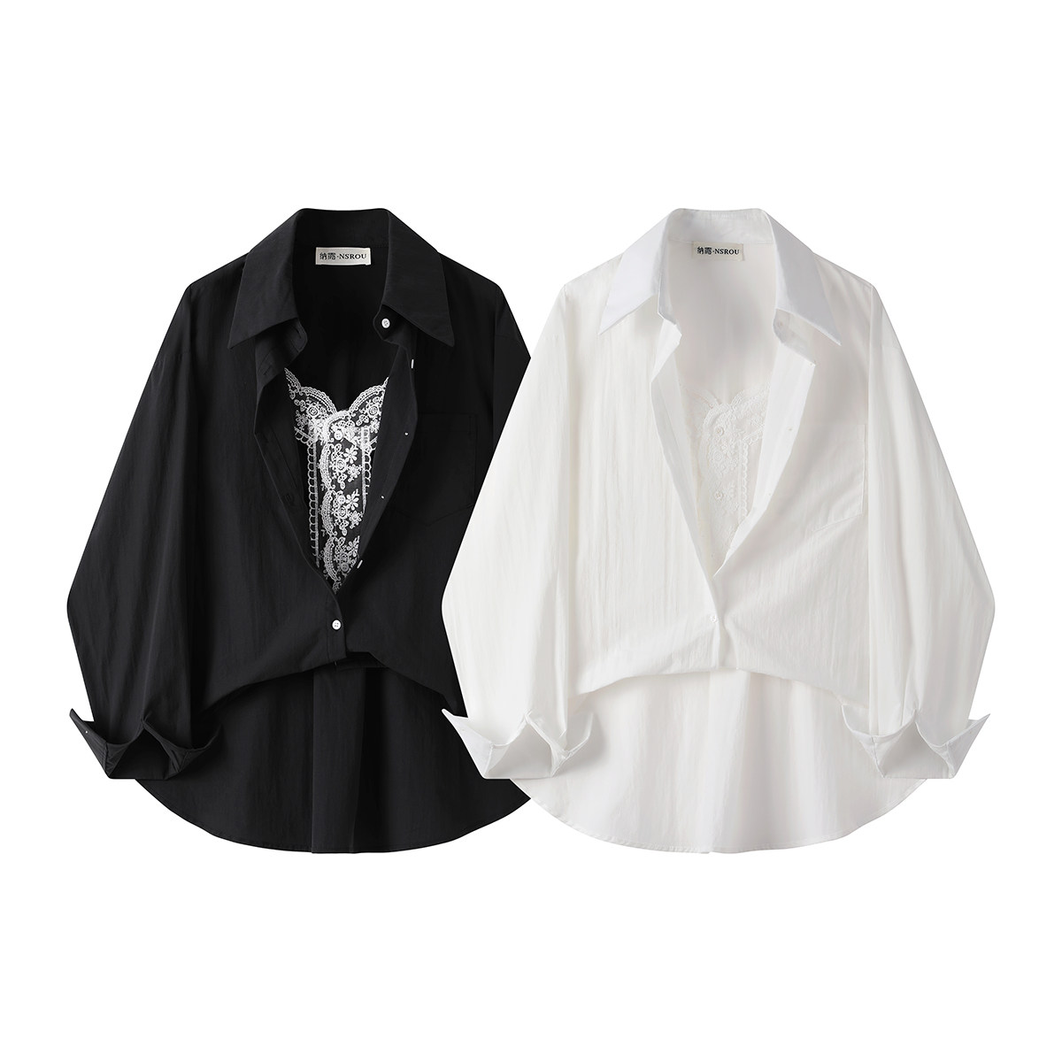 モード系 【レースインナー付き 変形レイヤードシャツアウター（ホワイト／ブラック）】