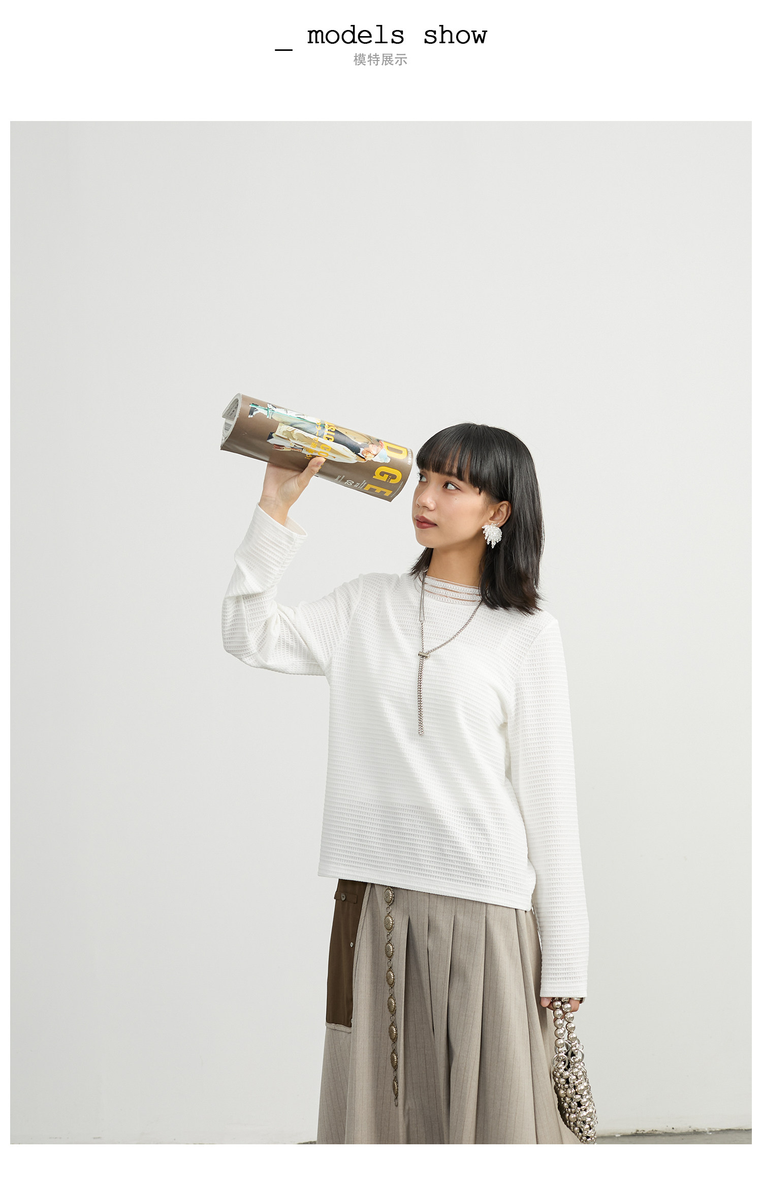 モード系 【フリーサイズ】立体テクスチャー クルーネックロングスリーブトップス