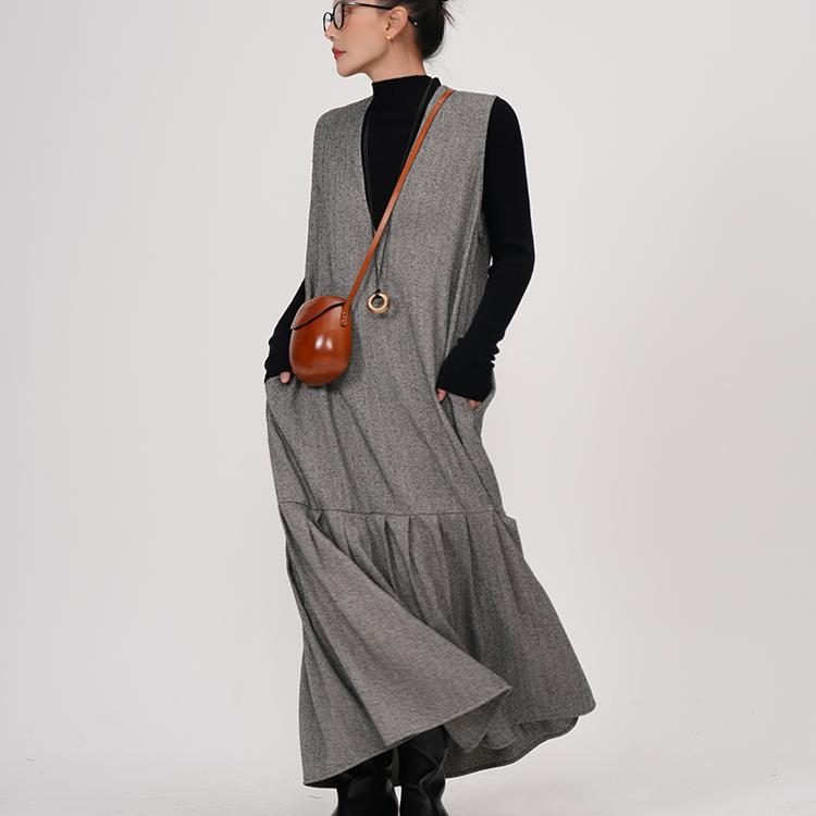 モード系 【S〜XL】深V×起毛ツイード見え フィッシュテールワンピース