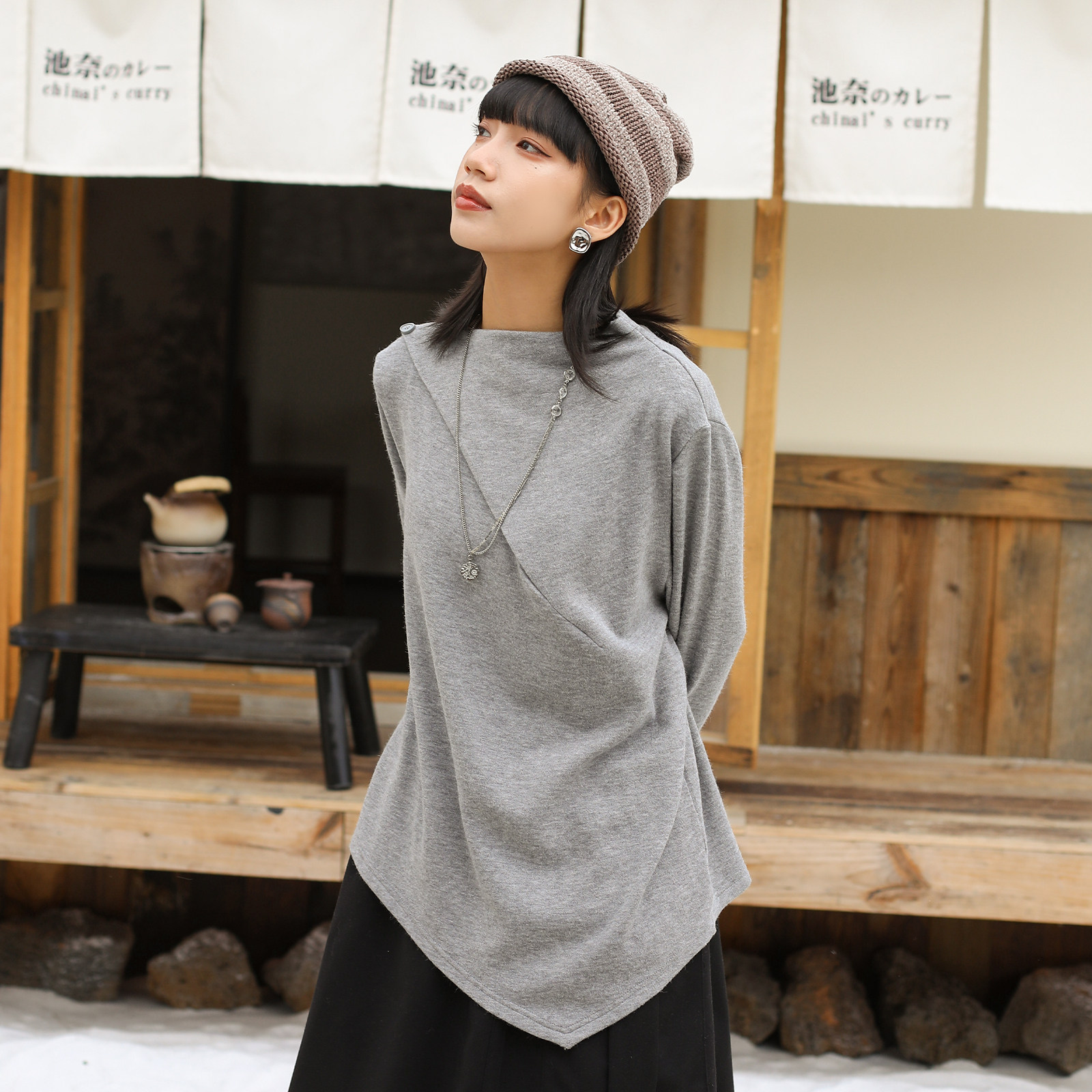 モード系 【フリーサイズ】アシンメトリーヘム デザインロングトップス