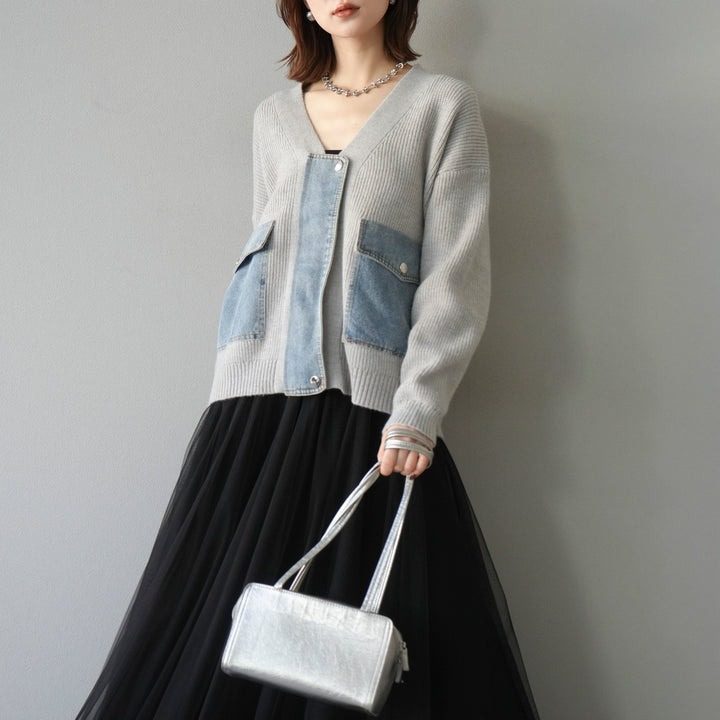 モード系 【M〜3XL対応】デニムポケット切替ニットカーディガン｜異素材ミックス・体型カバー・大人カジュアル