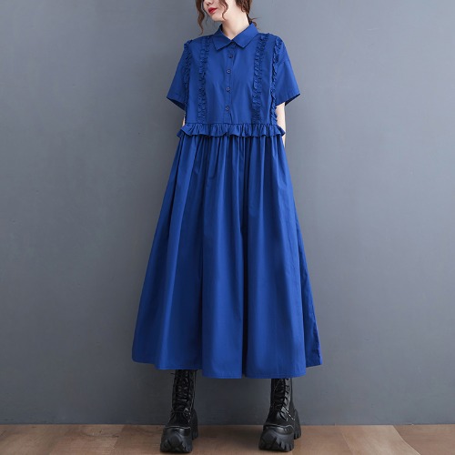モード系 シルエットで魅せる無地シャツワンピース｜上品フリル×体型カバー×2色展開