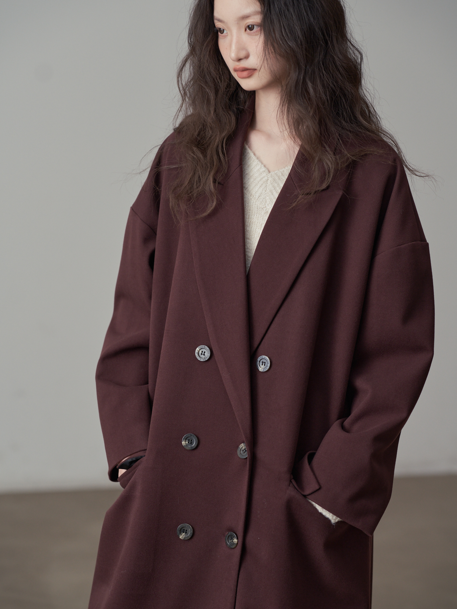 モード系 ゆったりオーバーサイズダブルブレストロングコート