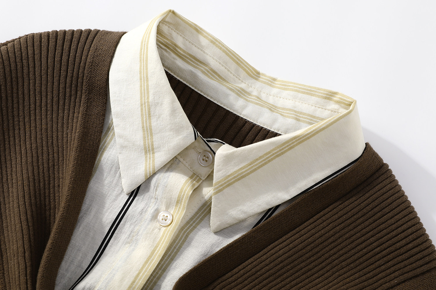 モード系 【FREE SIZE】リブ切替レイヤード風ストライプシャツトップス （ブラックリブ／ブラウンリブ）