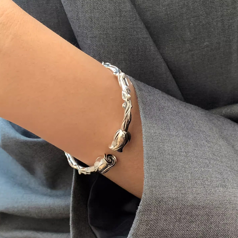 モード系 【S925】ローズモチーフ ヴィンテージシルバーバングル