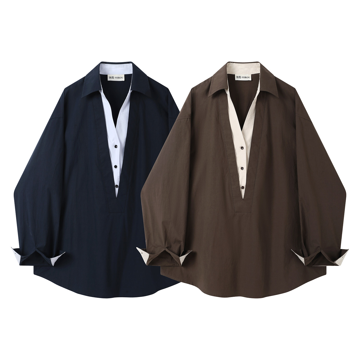 モード系 配色切替 スキッパーシャツ｜バイカラーデザイン 長袖シャツ レディース モード 通勤 オフィス