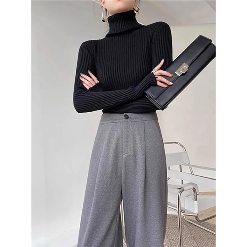 モード系 【白・ブラック・ブルー・グリーン】指穴付きハイネックリブニットトップス