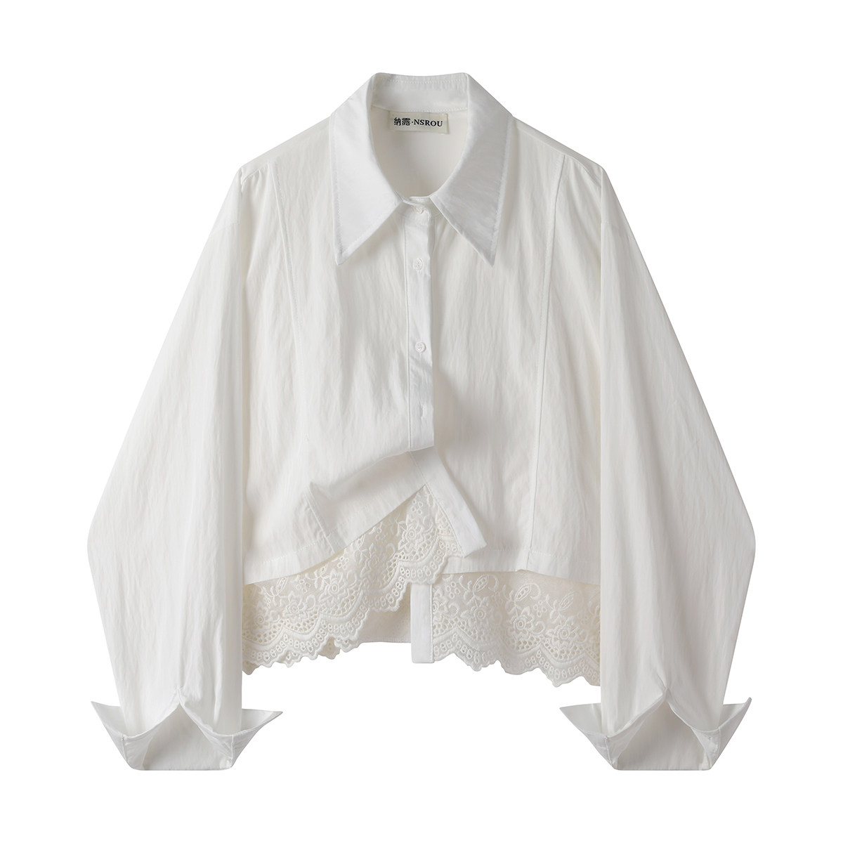 モード系 【M〜XL相当】レース切替 ショート丈シャツ｜レディース シアー レース ブラウス