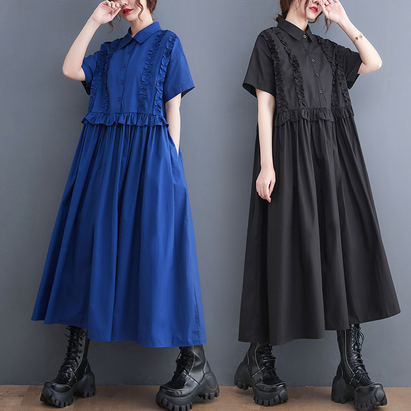 モード系 シルエットで魅せる無地シャツワンピース｜上品フリル×体型カバー×2色展開