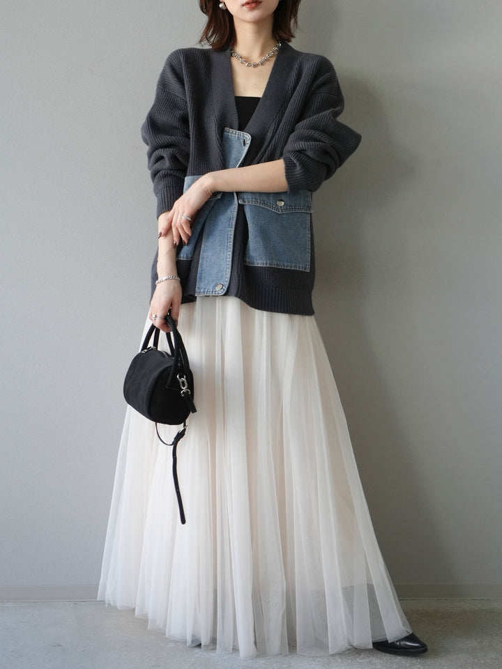 モード系 【M〜3XL対応】デニムポケット切替ニットカーディガン｜異素材ミックス・体型カバー・大人カジュアル