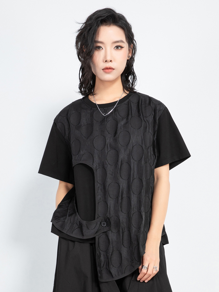 モード系 モード感際立つレイヤード風トップス｜個性派カット×ドット柄シアーで夏も差がつく一枚