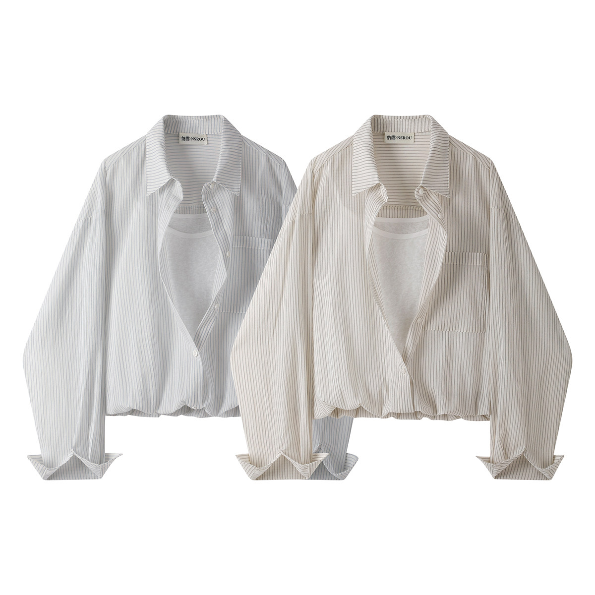 モード系 【フリーサイズ】ストライプシャツ×インナー風ドッキング ショートトップス