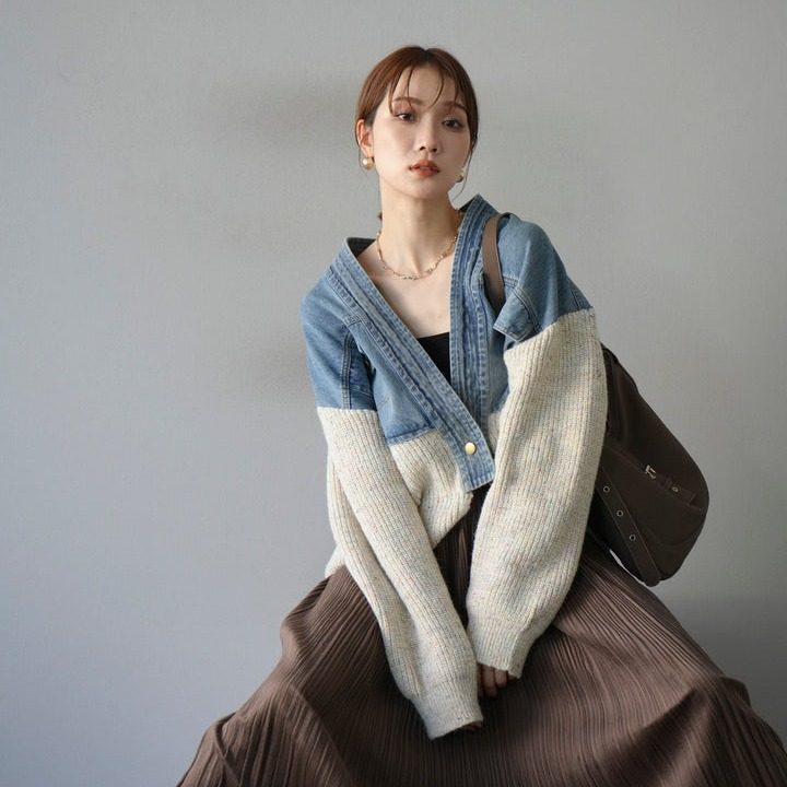 モード系 デニム切替ニットカーディガン