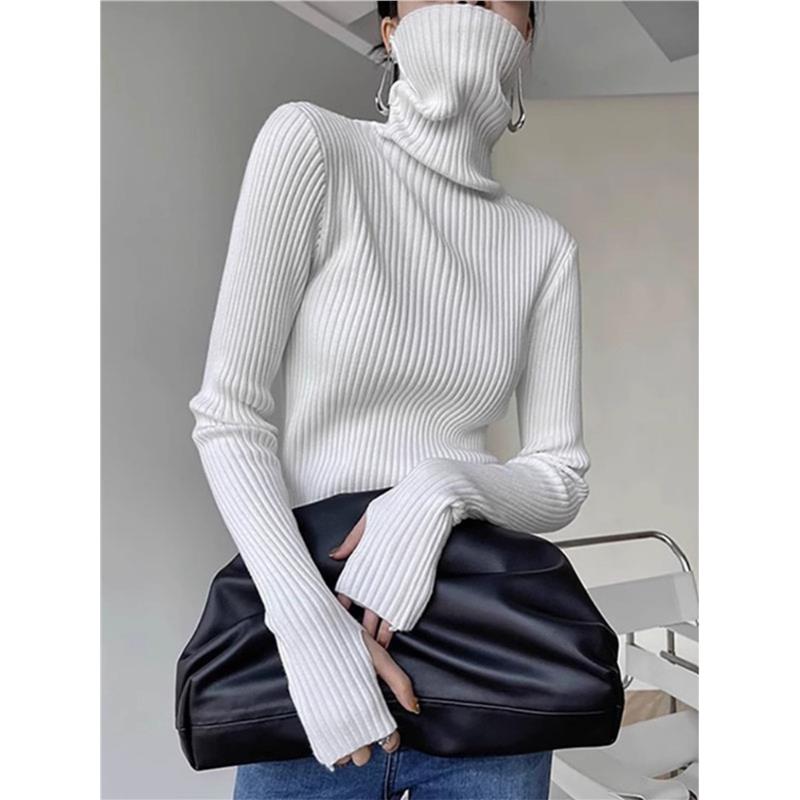 モード系 【白・ブラック・ブルー・グリーン】指穴付きハイネックリブニットトップス