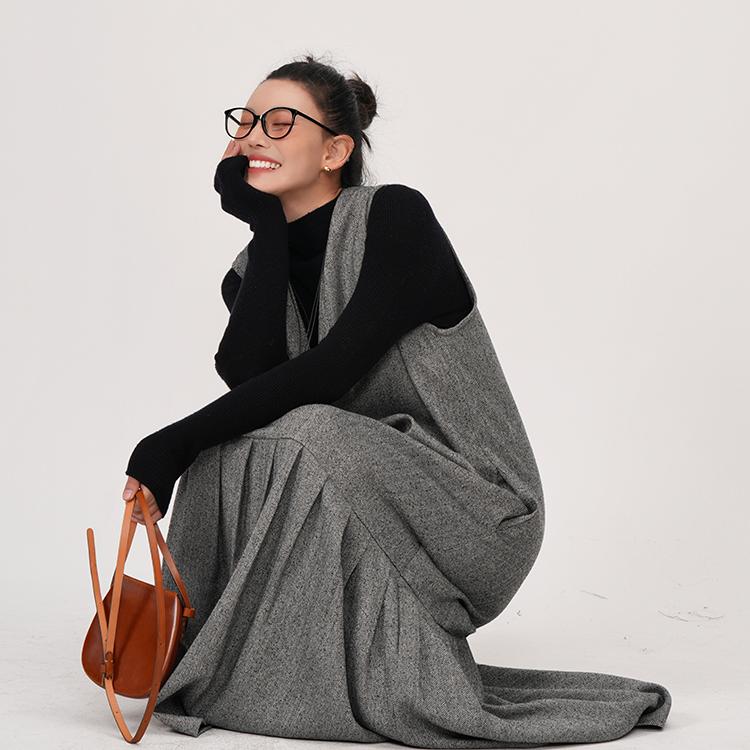 モード系 【S〜XL】深V×起毛ツイード見え フィッシュテールワンピース