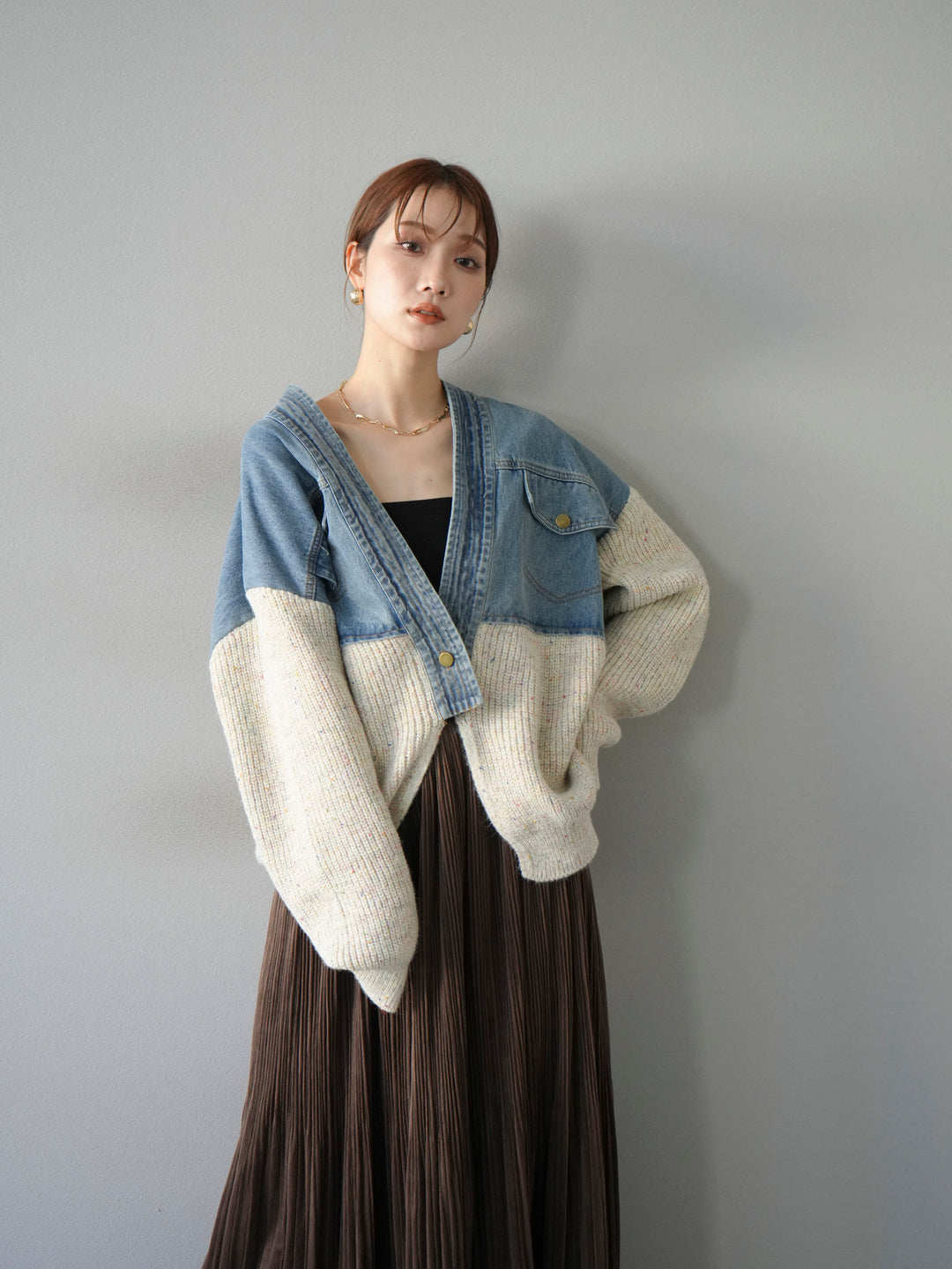 モード系 デニム切替ニットカーディガン