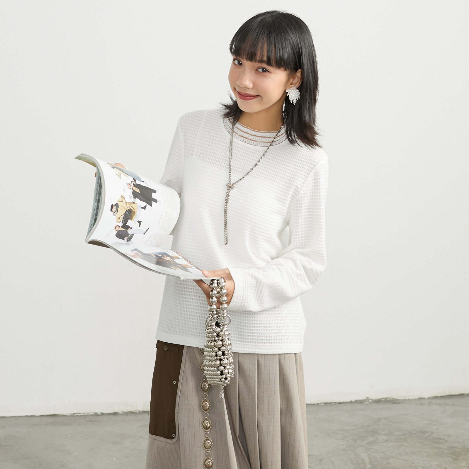 モード系 【フリーサイズ】立体テクスチャー クルーネックロングスリーブトップス