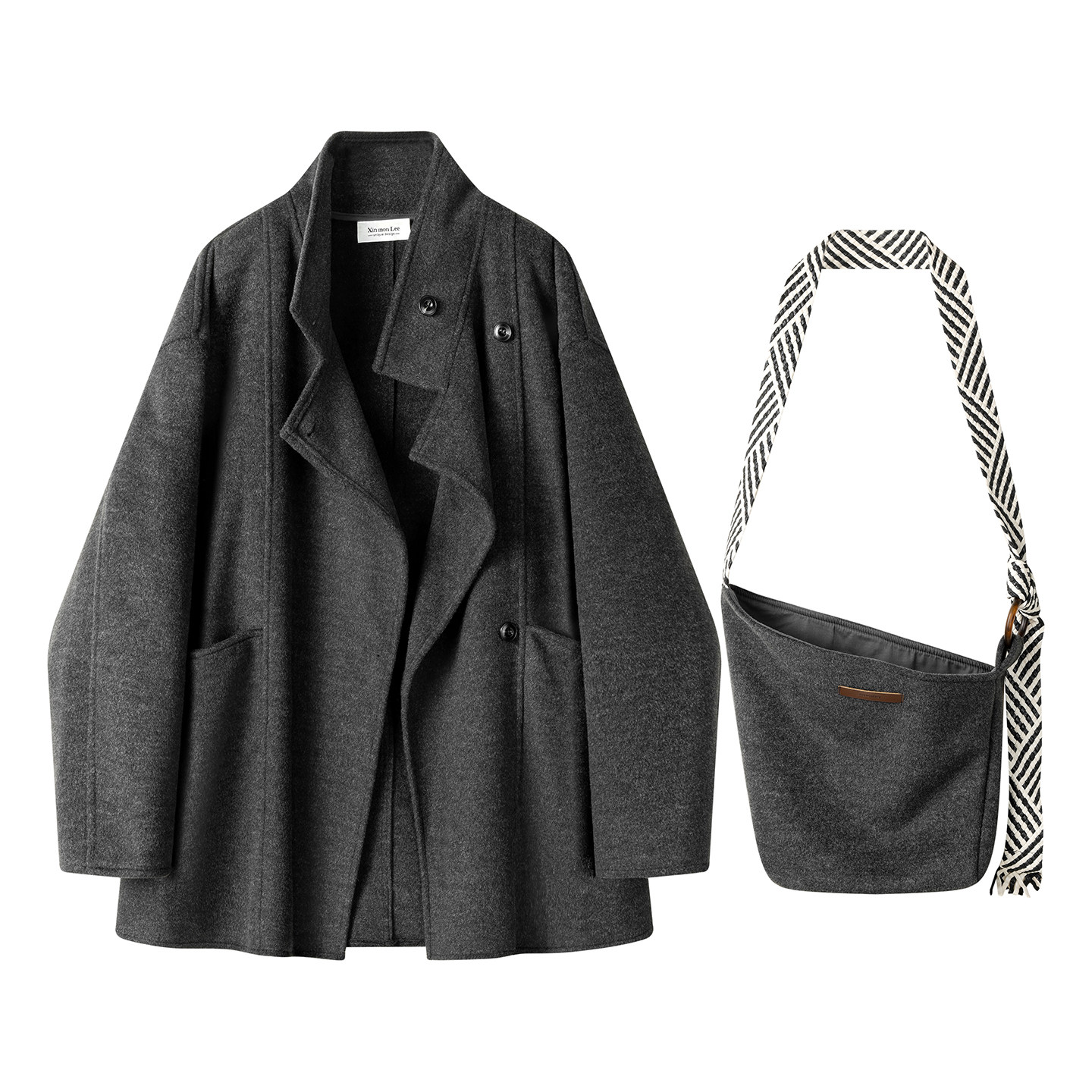 モード系 【S〜L展開】ウールライク ミドル丈ダブルアウター＋ショルダーバッグセット
