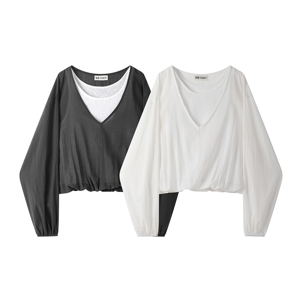 モード系 【M〜3XL対応】シアー×カットソードッキング Vネックトップス