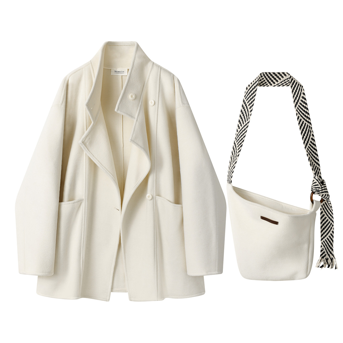 モード系 【S〜L展開】ウールライク ミドル丈ダブルアウター＋ショルダーバッグセット