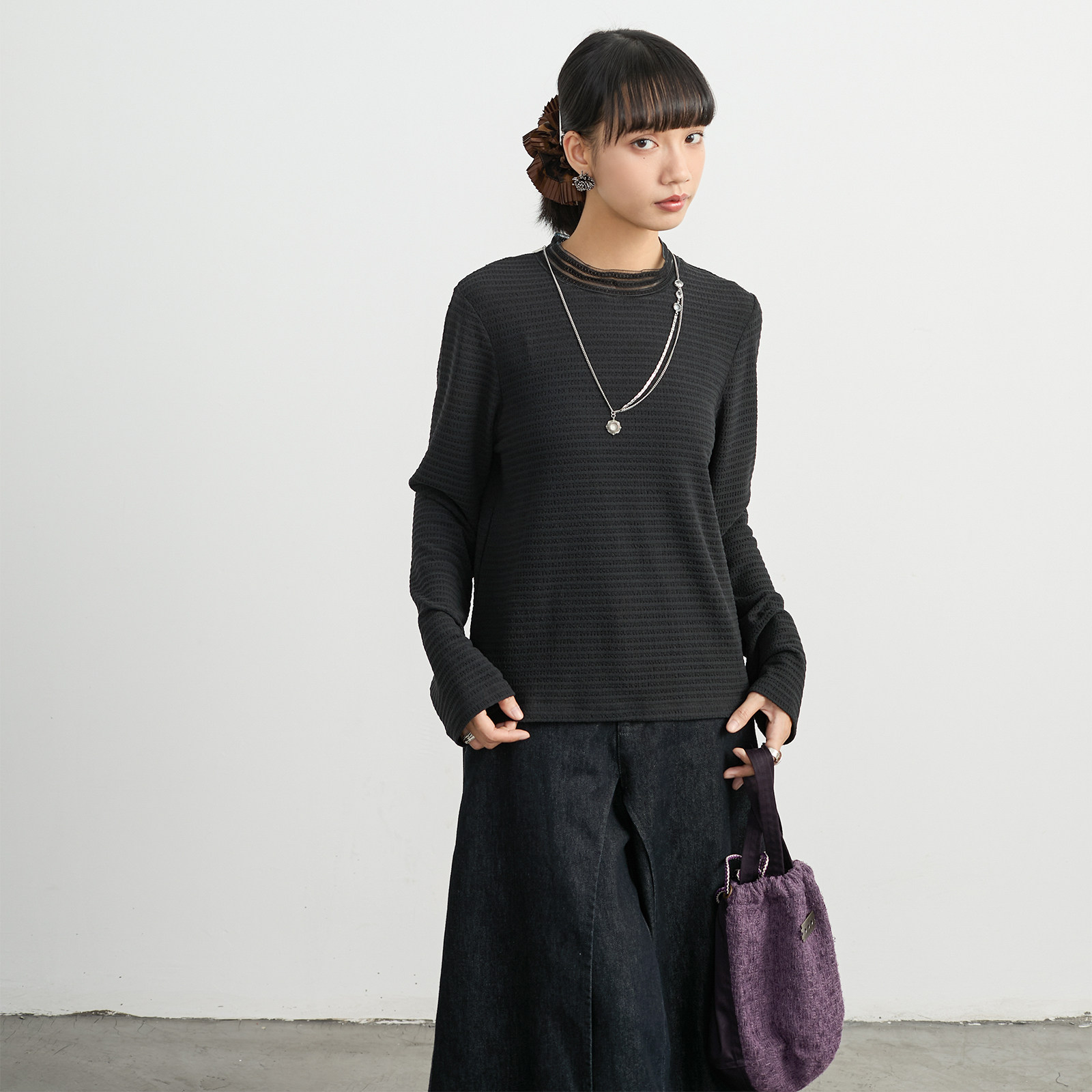 モード系 【フリーサイズ】立体テクスチャー クルーネックロングスリーブトップス