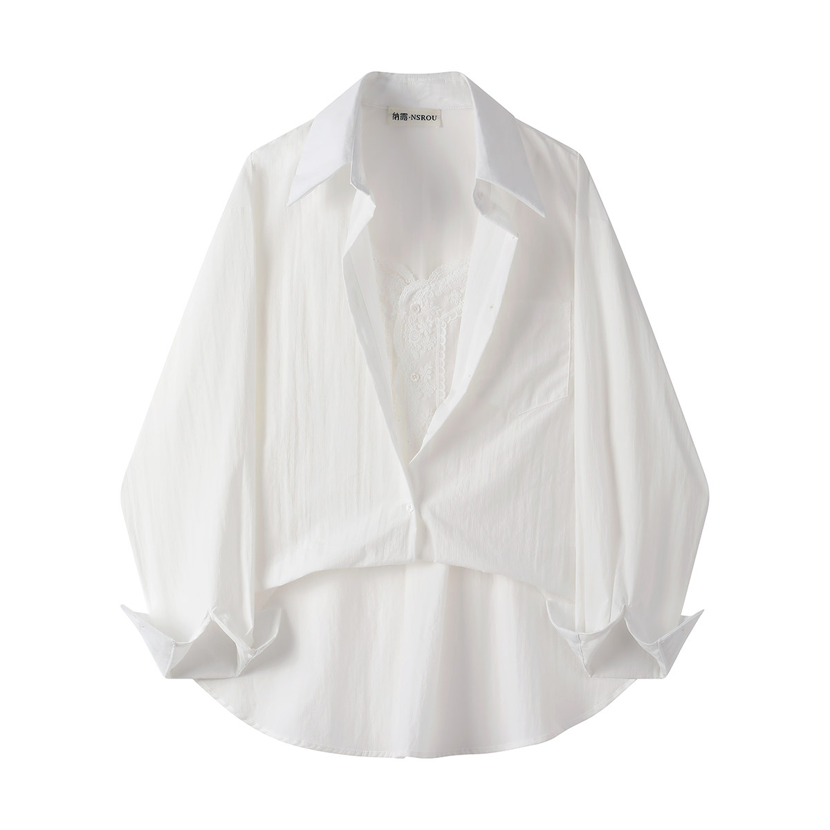 モード系 【レースインナー付き 変形レイヤードシャツアウター（ホワイト／ブラック）】