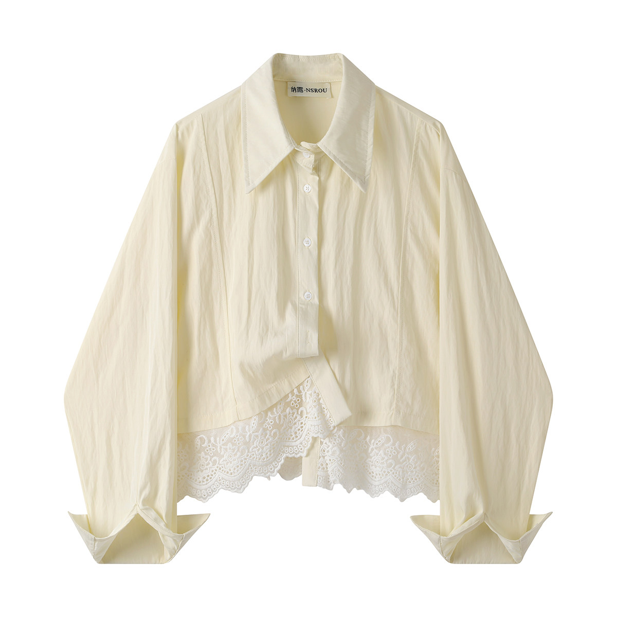 モード系 【M〜XL相当】レース切替 ショート丈シャツ｜レディース シアー レース ブラウス