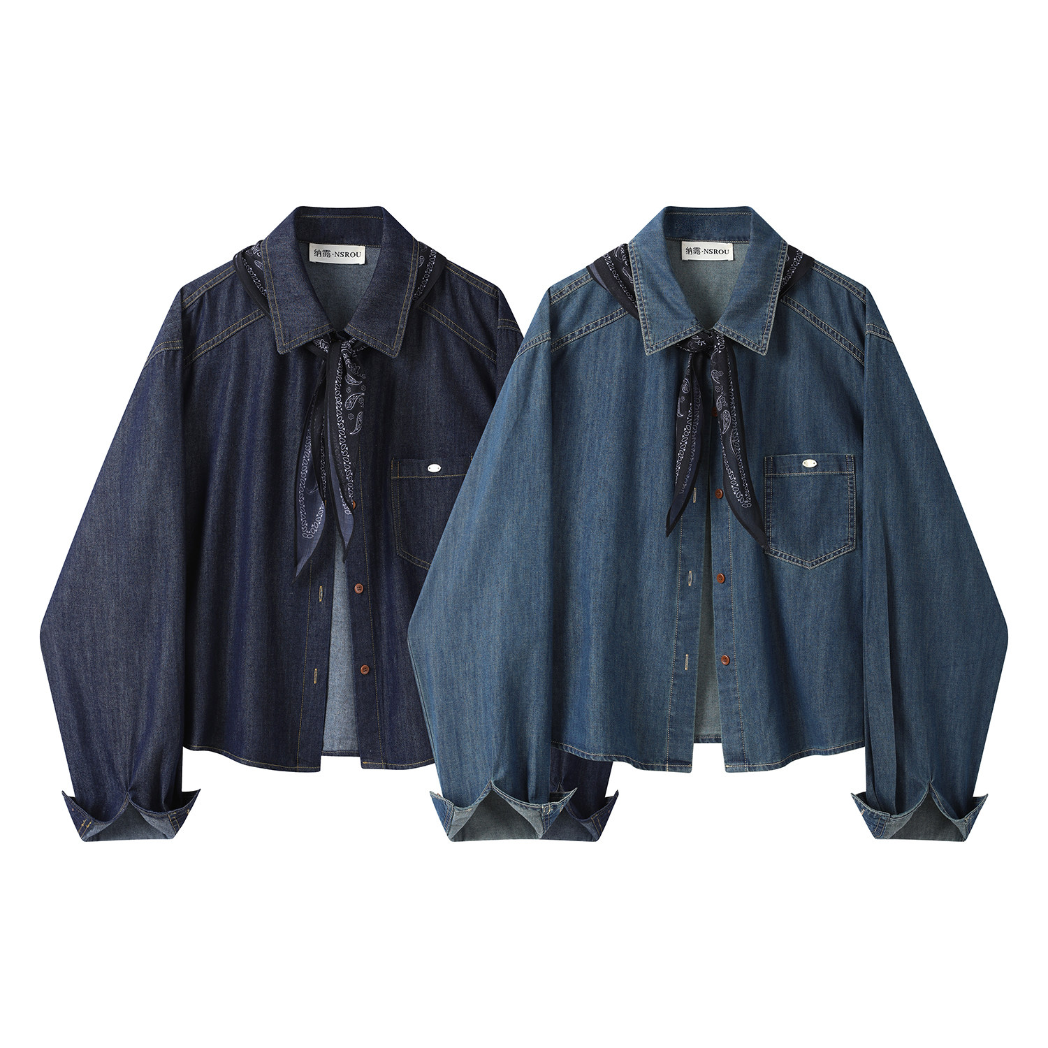 モード系 【S・M展開】リブ切替スカーフデザイン デニムシャツトップス