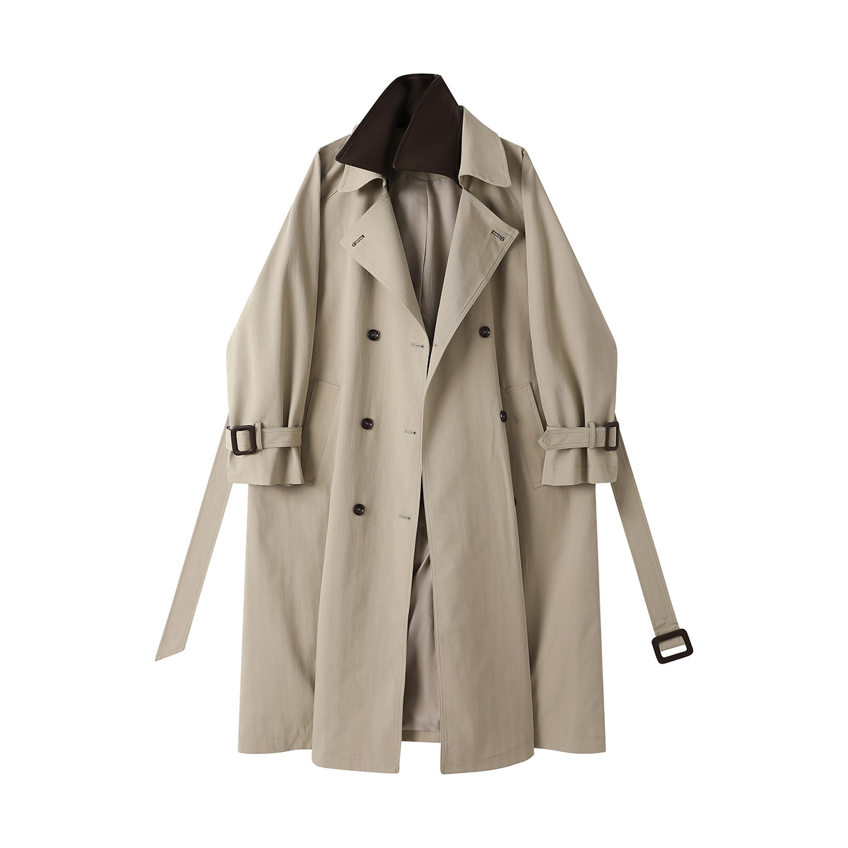 モード系 【M〜XL相当】異素材カラー切替 襟付きトレンチ風ロングアウター