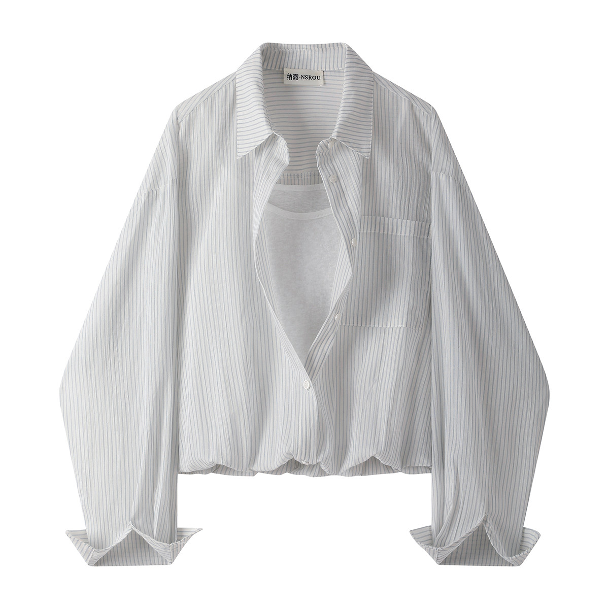 モード系 【フリーサイズ】ストライプシャツ×インナー風ドッキング ショートトップス