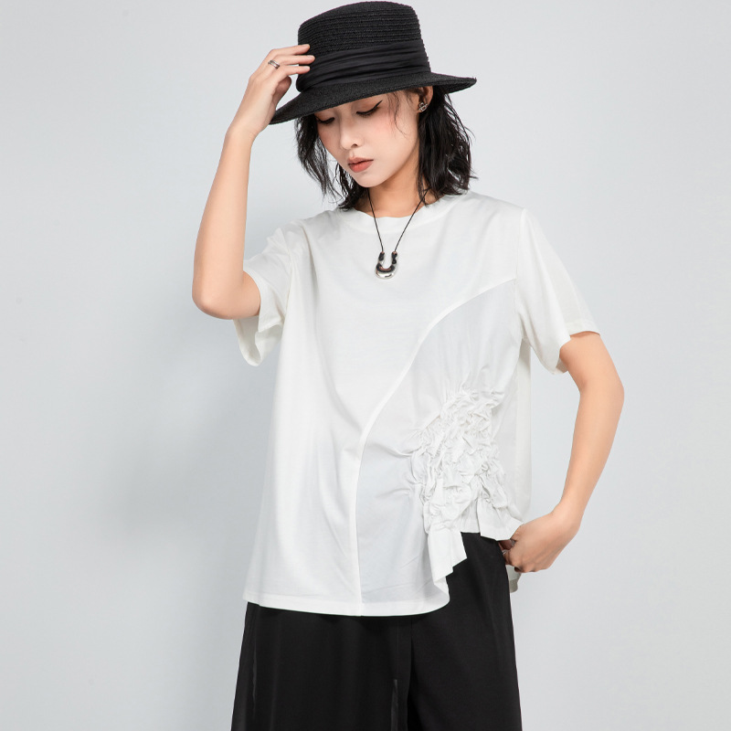 【M〜3XL対応】ギャザーデザイン半袖Tシャツ｜シャーリング・アシメデザイン・ゆったりトップス