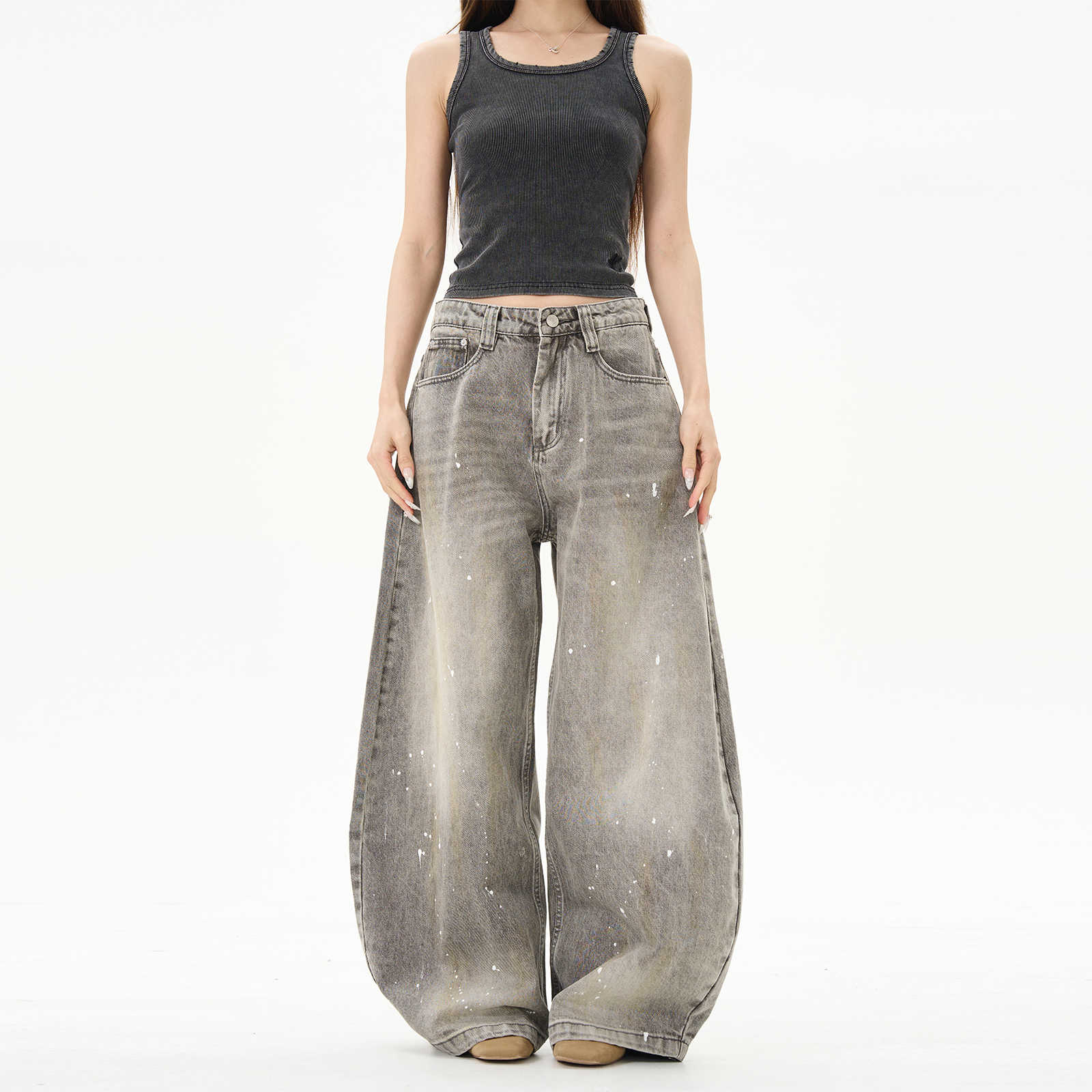 モード系 ペイントスプラッシュワイドデニムパンツ