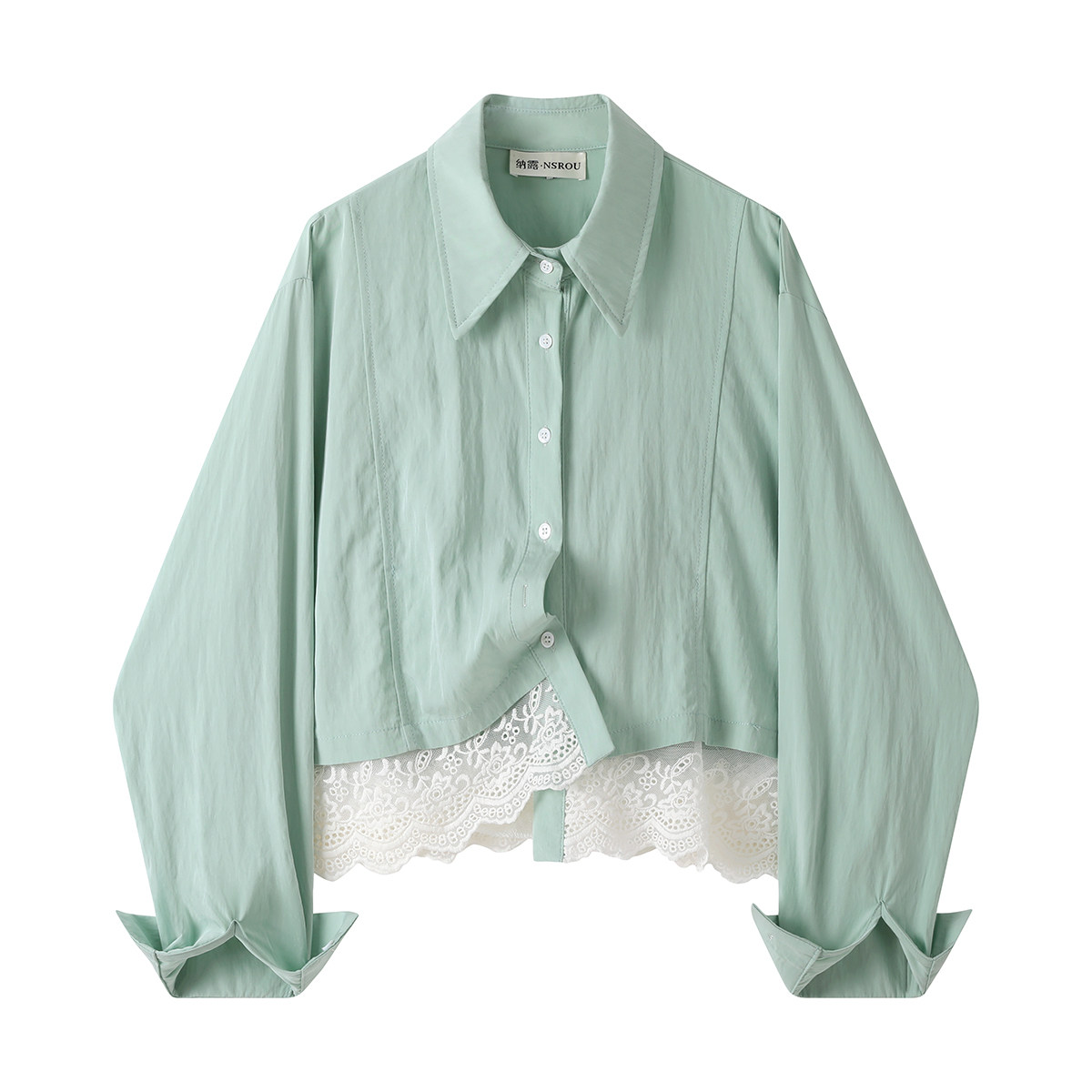モード系 【M〜XL相当】レース切替 ショート丈シャツ｜レディース シアー レース ブラウス