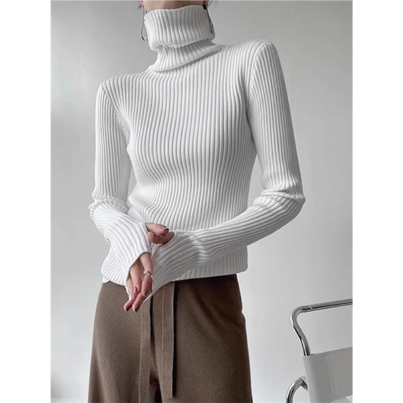 モード系 【白・ブラック・ブルー・グリーン】指穴付きハイネックリブニットトップス