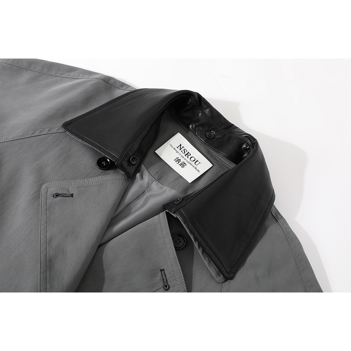 モード系 【M〜XL相当】異素材カラー切替 襟付きトレンチ風ロングアウター