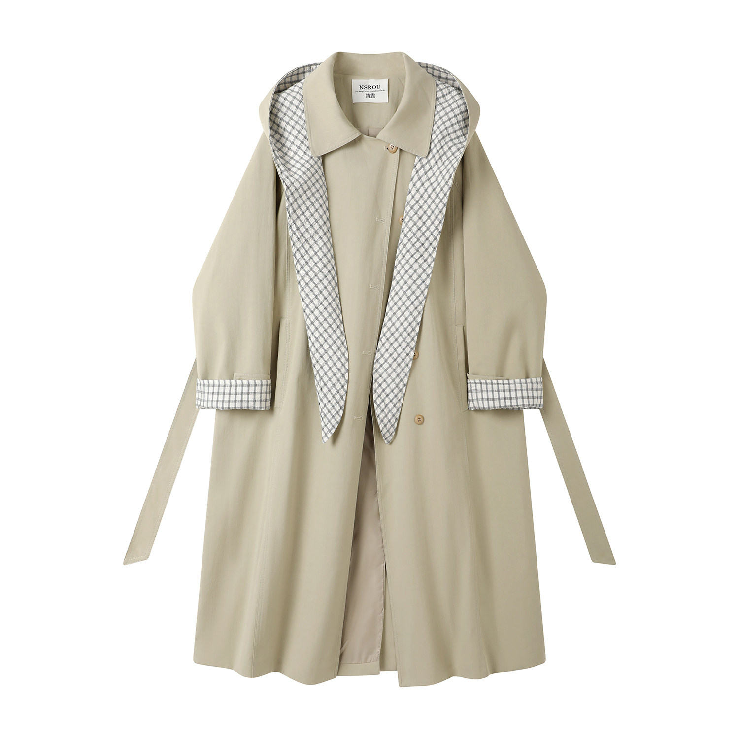 モード系 【S〜L対応】チェック配色フード付きロングコート