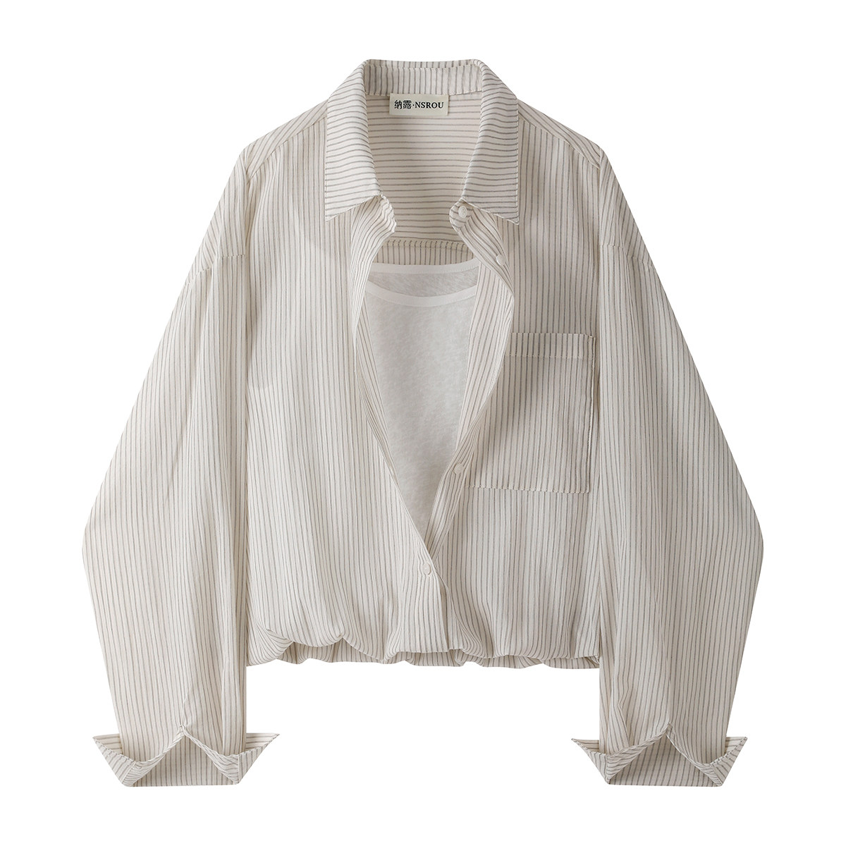 モード系 【フリーサイズ】ストライプシャツ×インナー風ドッキング ショートトップス