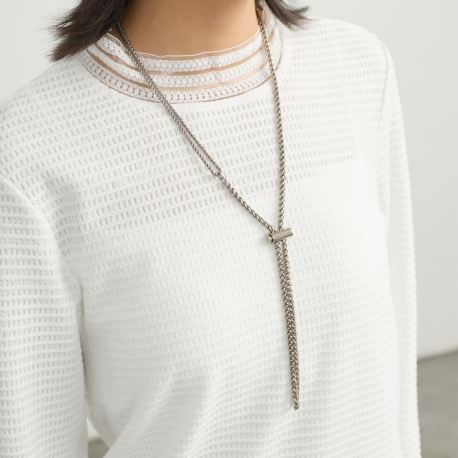 モード系 【フリーサイズ】立体テクスチャー クルーネックロングスリーブトップス