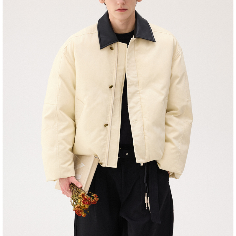 モード系 【ショート丈×レザー調切替】高級感ミックス中綿ジャケット（ブラウン）