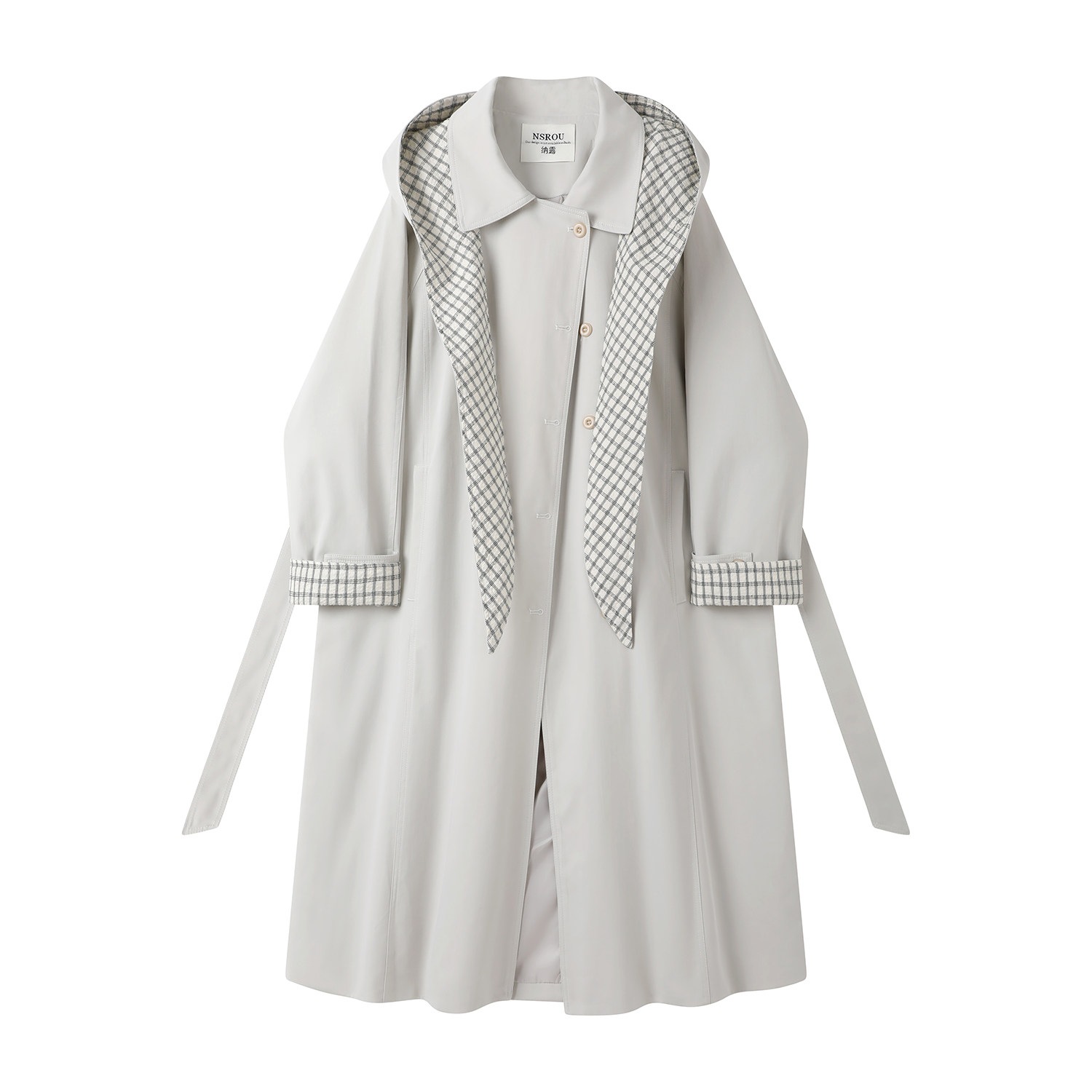 モード系 【S〜L対応】チェック配色フード付きロングコート