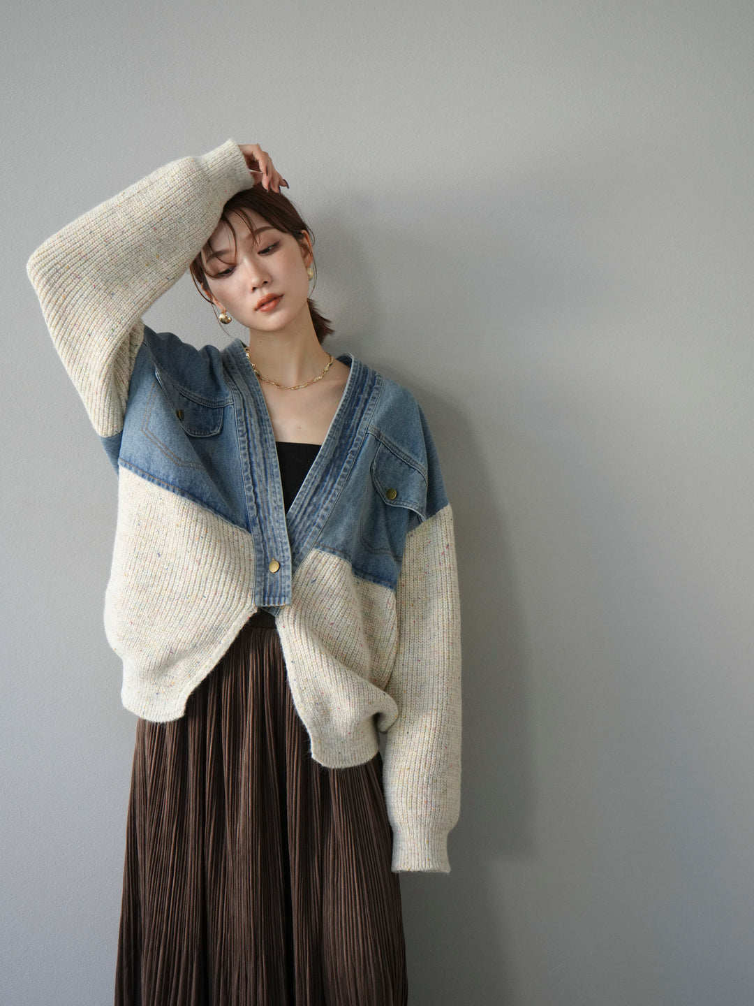 モード系 デニム切替ニットカーディガン