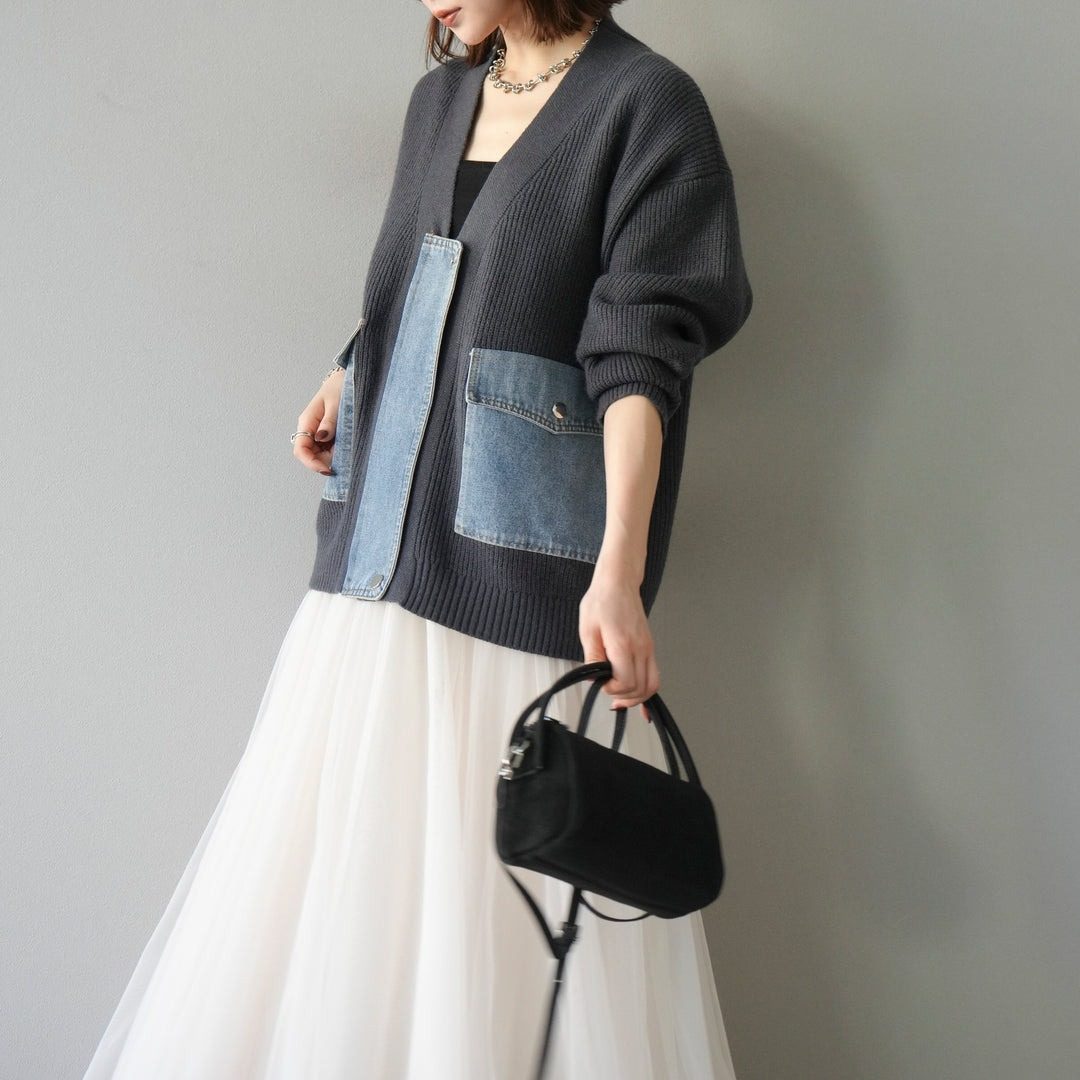 モード系 【M〜3XL対応】デニムポケット切替ニットカーディガン｜異素材ミックス・体型カバー・大人カジュアル