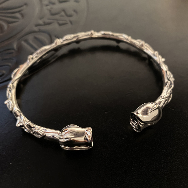 モード系 【S925】ローズモチーフ ヴィンテージシルバーバングル