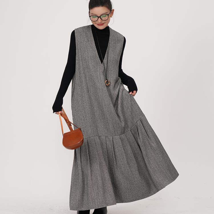 モード系 【S〜XL】深V×起毛ツイード見え フィッシュテールワンピース