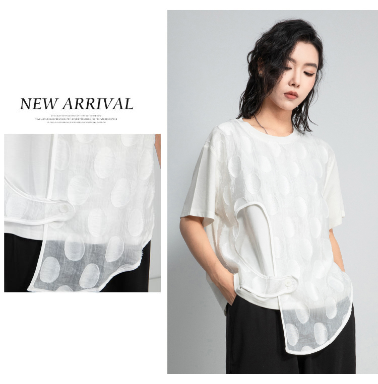 モード系 モード感際立つレイヤード風トップス｜個性派カット×ドット柄シアーで夏も差がつく一枚