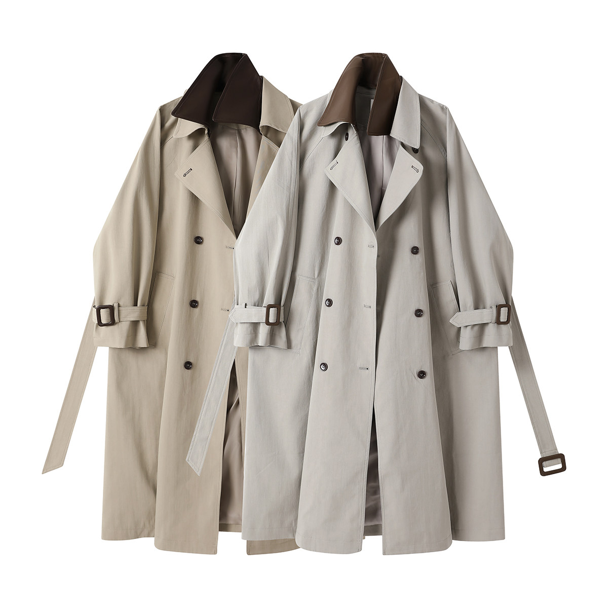 モード系 【M〜XL相当】異素材カラー切替 襟付きトレンチ風ロングアウター