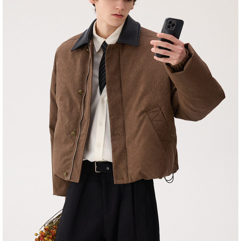 モード系 【ショート丈×レザー調切替】高級感ミックス中綿ジャケット（ブラウン）